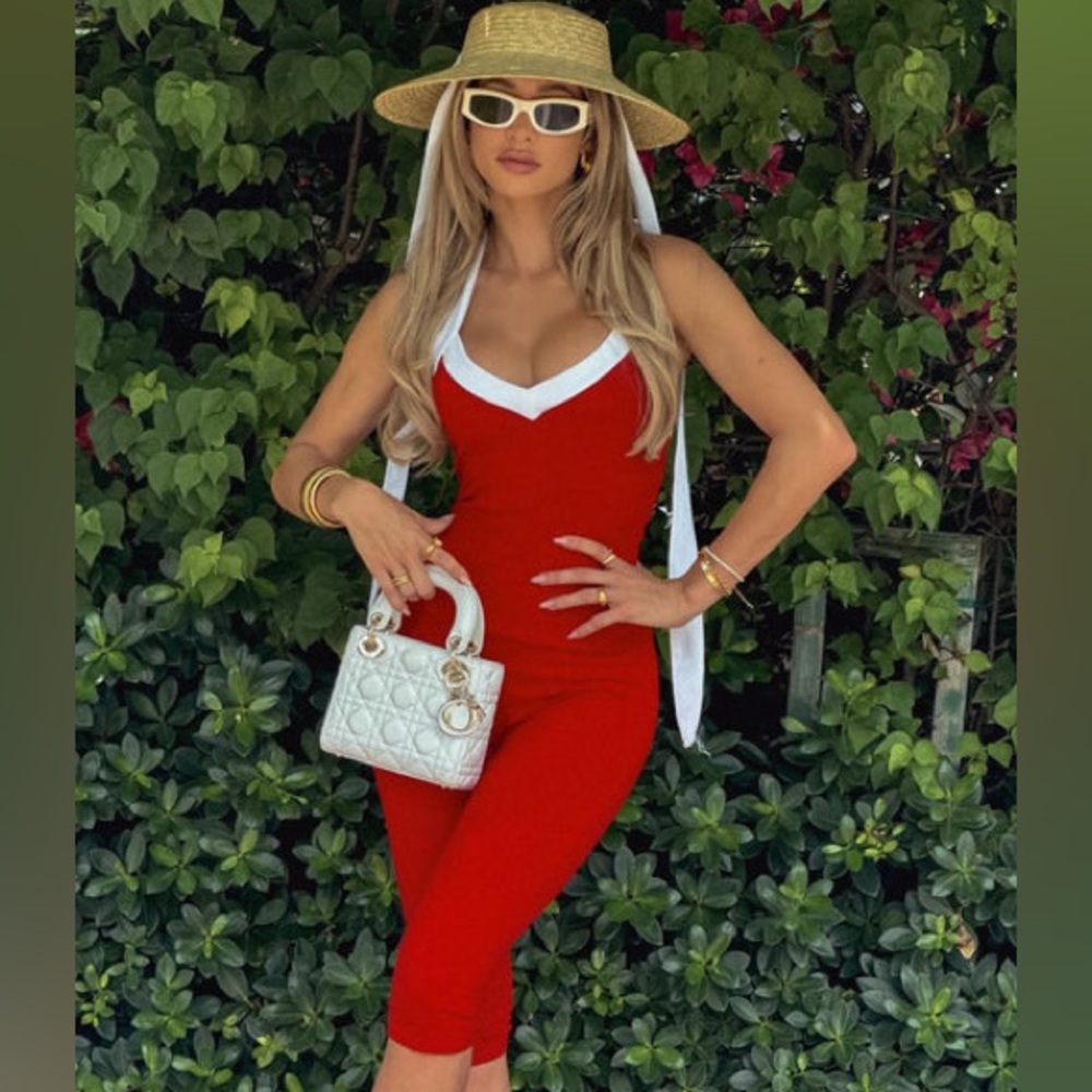 Fashion Nova Red and White Women's Flare Pants & Top Set